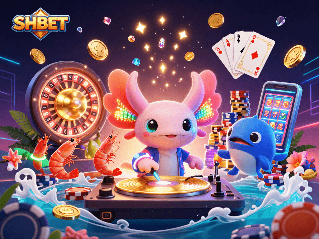 Engage with exciting SHBET games through dynamic 3D illustration featuring lively casino elements.