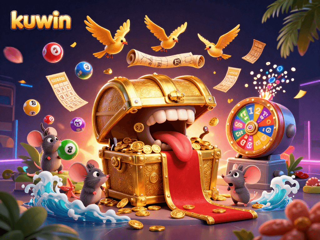 Engage with kuwin's vibrant online gaming experience amid colorful lottery balls and casino elements.
