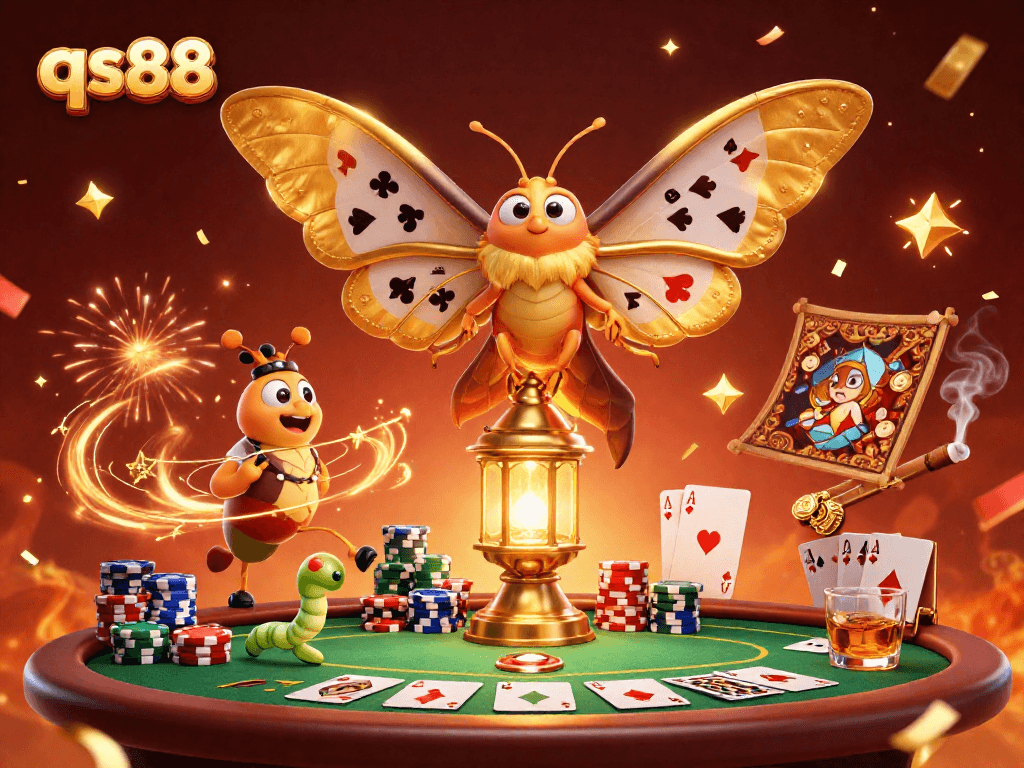 Experience qs88’s captivating casino magic with a stunning 3D moth and vibrant gaming elements.