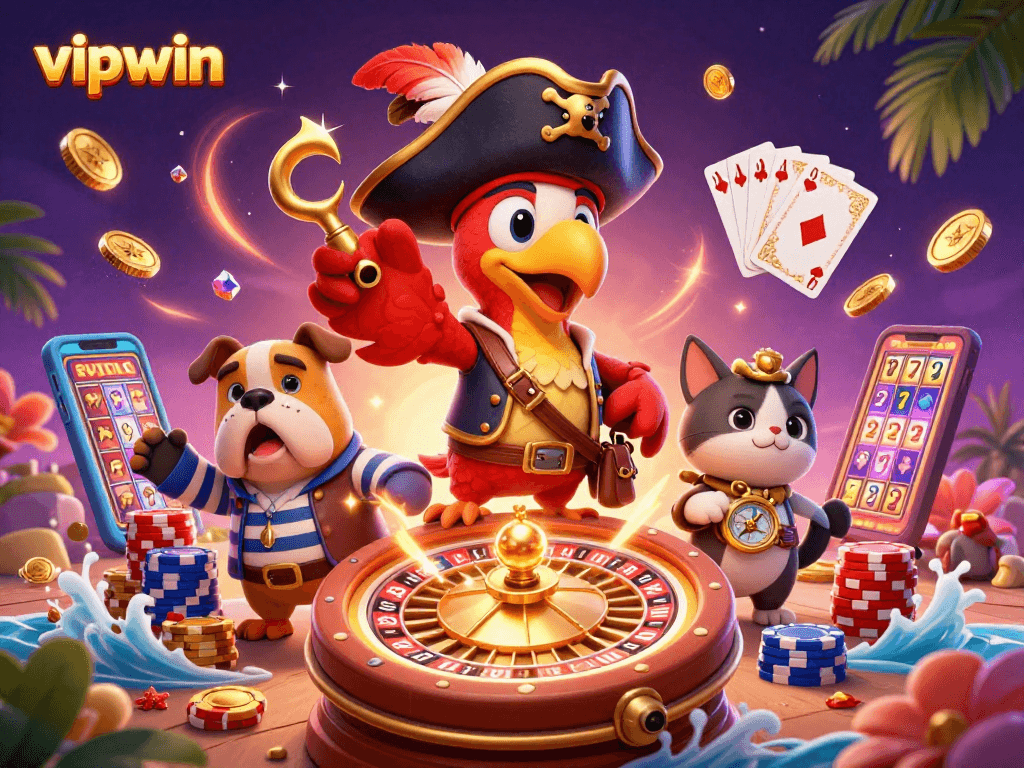 Engage with vipwin's thrilling casino atmosphere featuring a rich 3D scene of characters amidst dynamic gaming elements.
