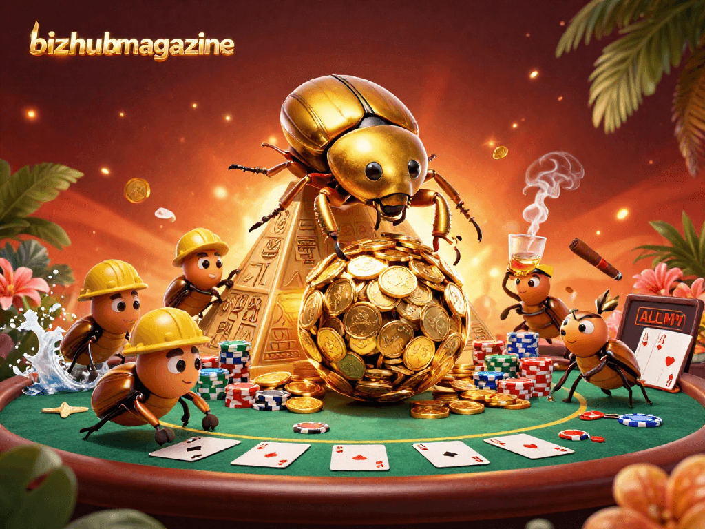 Experience the adventures of bizhubmagazine in a vibrant 3D casino illustration as beetles roll golden coin treasures.