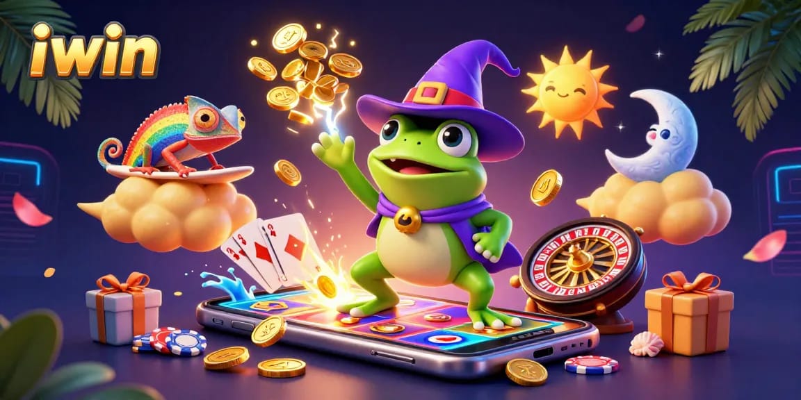 iwin showcases a whimsical scene featuring a frog wizard and chameleon amidst a casino of vibrant game elements.