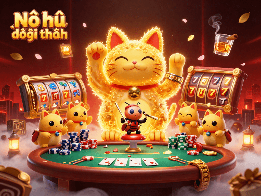 Nổ hũ đổi thưởng in a vibrant casino scene with a lucky cat surrounded by gaming elements.