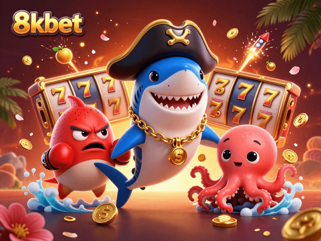 Engage with 8xbet's thrilling slots adventure featuring a pirate shark, pufferfish, and octopus amid dazzling casino elements.
