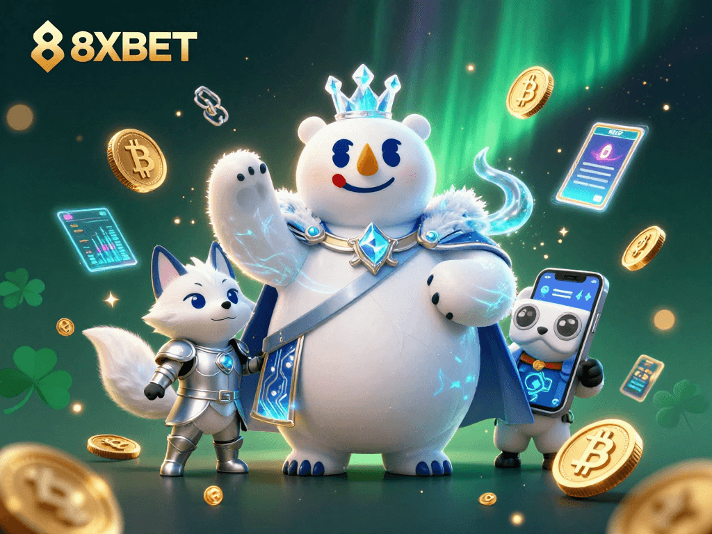 Experience exciting betting at 8XBET with a stunning 3D polar bear and snow fox scene filled with crypto and casino elements.