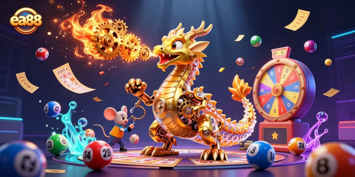 ea88 offers thrilling gameplay with a golden dragon and vibrant lottery balls in a dynamic casino scene.