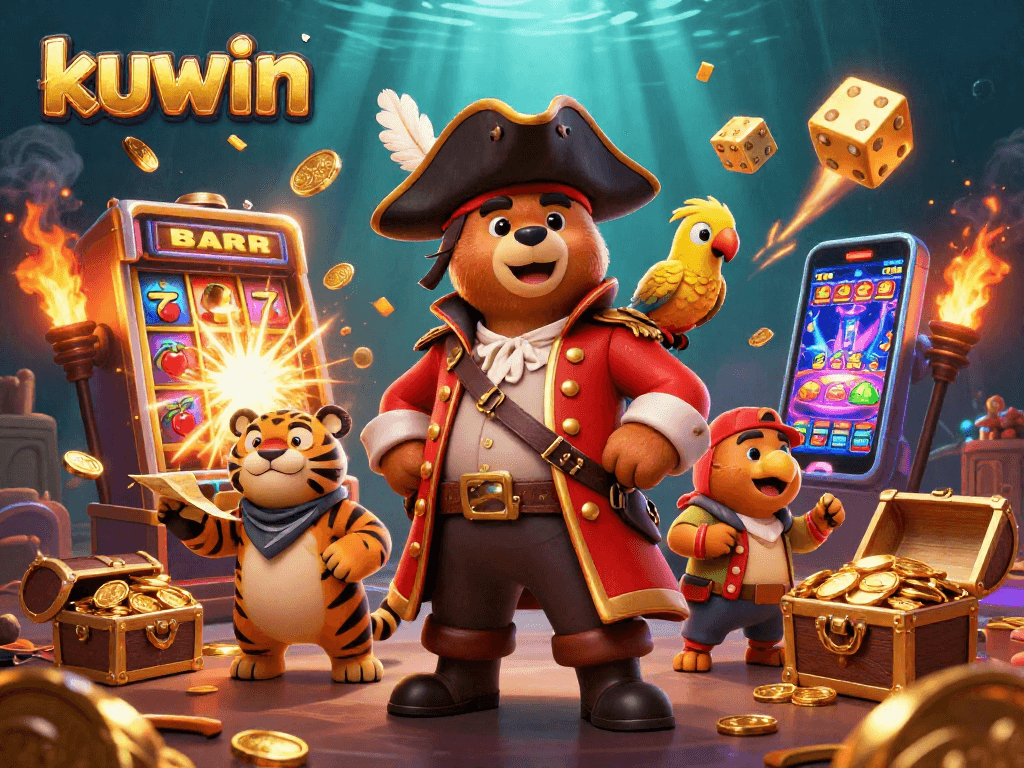 Kuwin slot machine jackpot scene with cartoon pirate bear, tiger, and golden parrot celebrating big wins