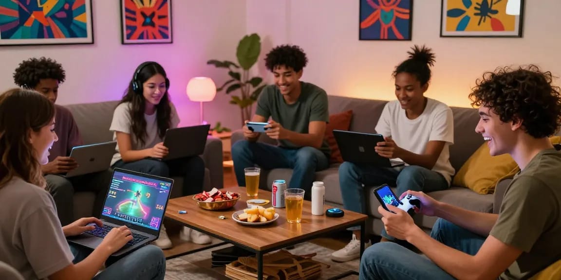 Players enjoying a porno game together on different devices in a lively living room.