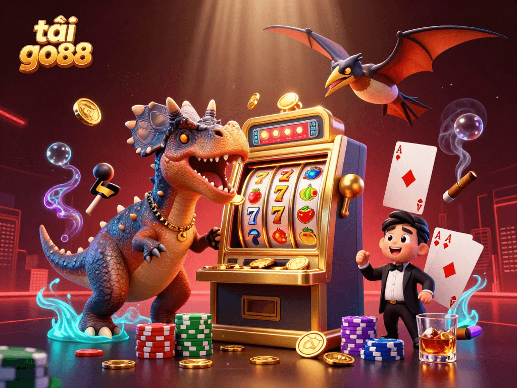 Tải go88 as the pachycephalosaurus headbutts a golden slot machine for a jackpot, amidst vibrant casino elements.