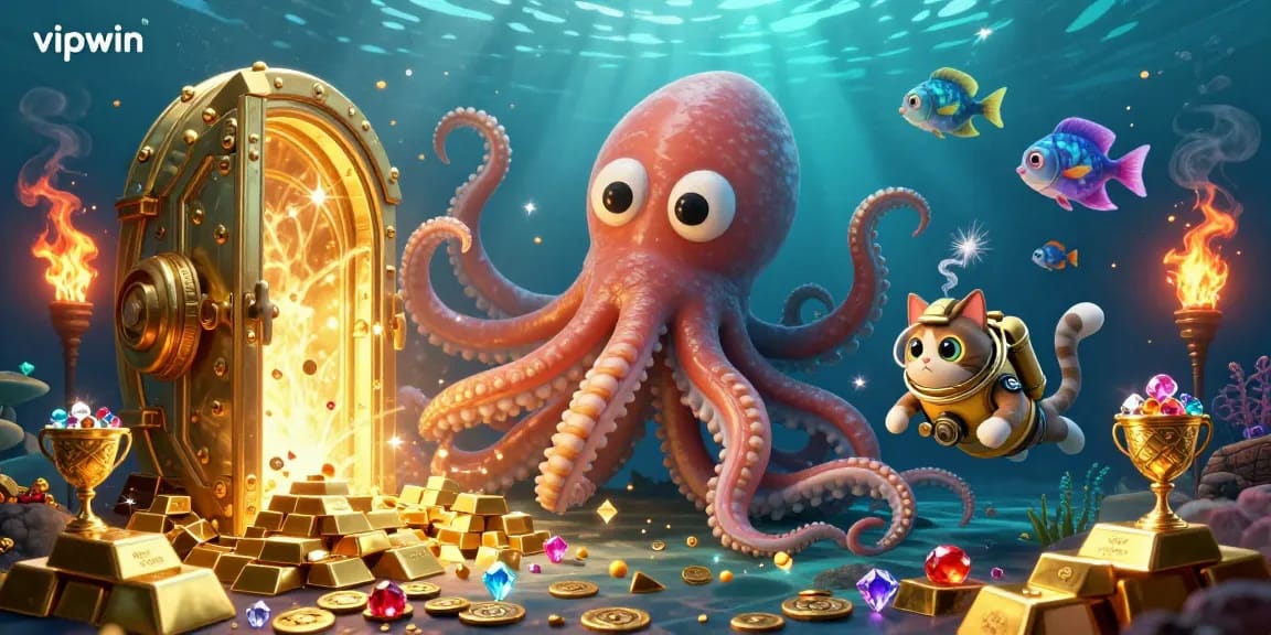 Experience the excitement of vipwin with a golden kraken treasure scene packed with vibrant casino elements.