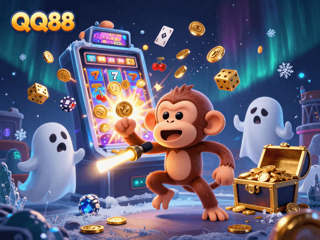 Experience QQ88 casino thrills as a playful monkey juggles gold amidst a vibrant jackpot scene.