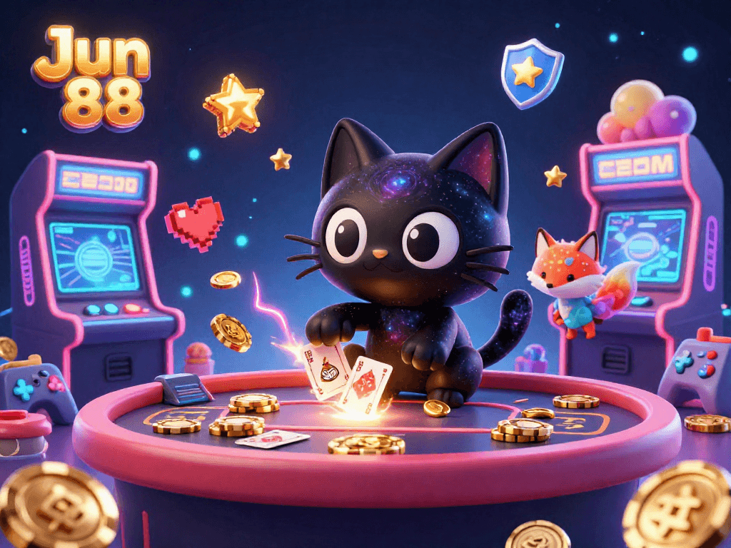 Engage in thrilling casino action with Jun 88 featuring a cosmic black hole cat and colorful nebula fox.