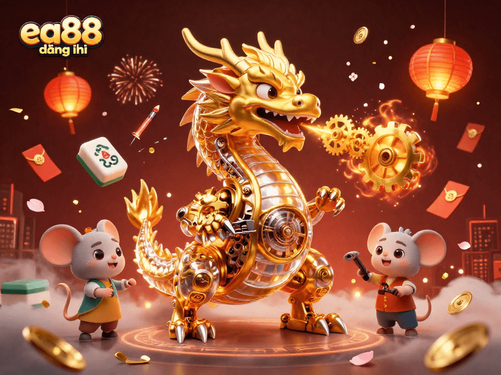 Experience the thrills of ea88 đăng nhập with dynamic golden dragon and casino elements in a lavish illustration