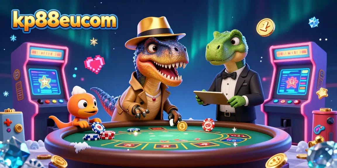 Witness the exciting world of kp88eucom with a cartoon velociraptor at a colorful casino blackjack table.