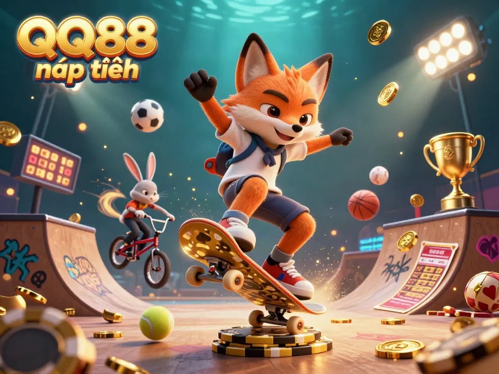 Engage with QQ88 nạp tiền through an animated scene depicting a skateboarder fox and BMX rabbit amidst vibrant casino elements.