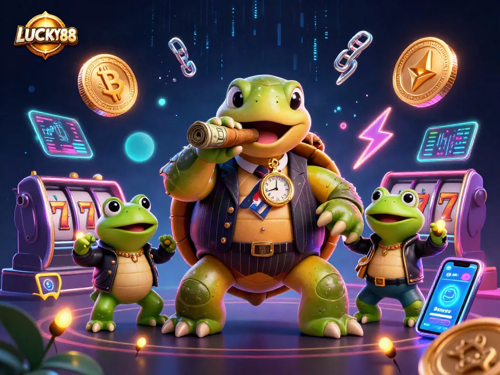 LUCKY88 captures the excitement of slot games with a vibrant casino scene featuring a cartoon turtle and bullfrogs.