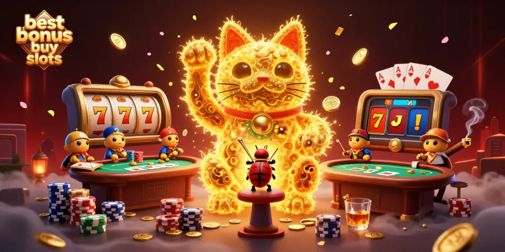 Experience the best bonus buy slots surrounded by vibrant 3D characters and casino symbols in a dazzling scene.