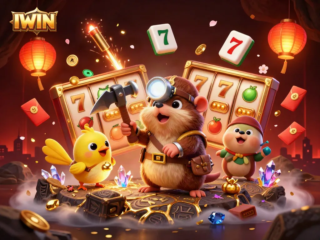 IWIN spins slot reels while a treasure hunter mole and canary unveil treasures in a vibrant casino scene