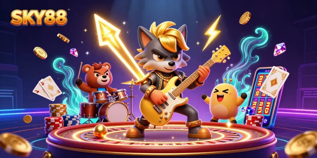 Experience the thrill of gaming with SKY88's captivating casino stage featuring wolf rock star and drummer bear.