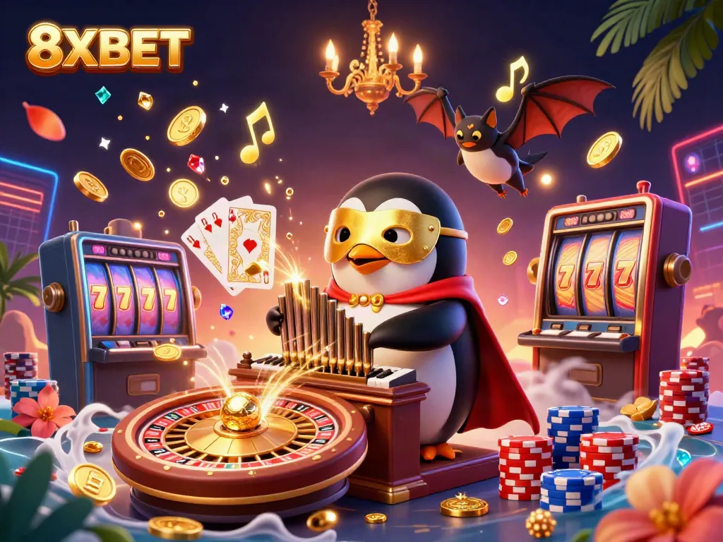 Experience excitement at 8XBET with a vibrant 3D illustration showcasing captivating casino elements.