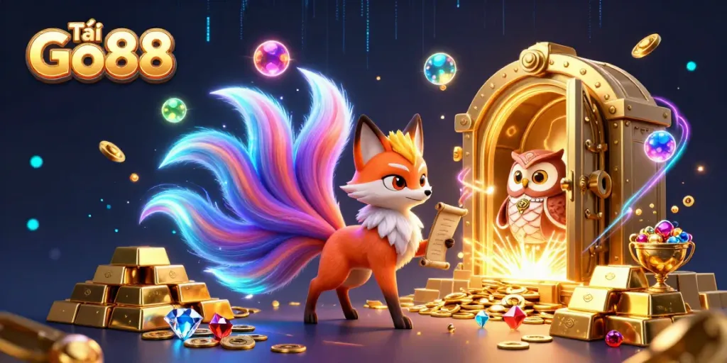 Tải Go88 with a vibrant nine-tailed fox, sage owl, and rich casino elements illuminating the scene.