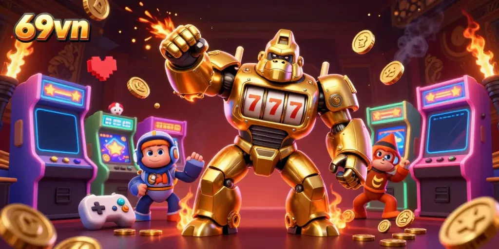 Experience thrilling gaming at 69vn with a transformer-style gorilla mech in action.