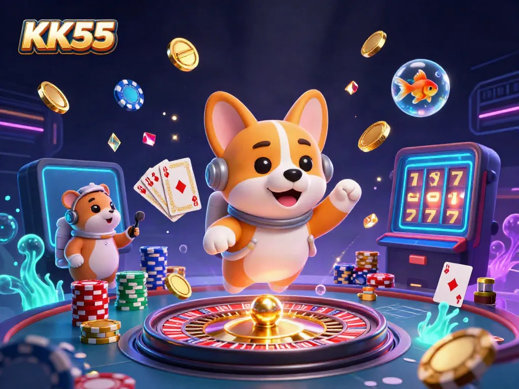 Experience the excitement of KK55 in a 3D floating casino scene with vibrant graphics and engaging elements.