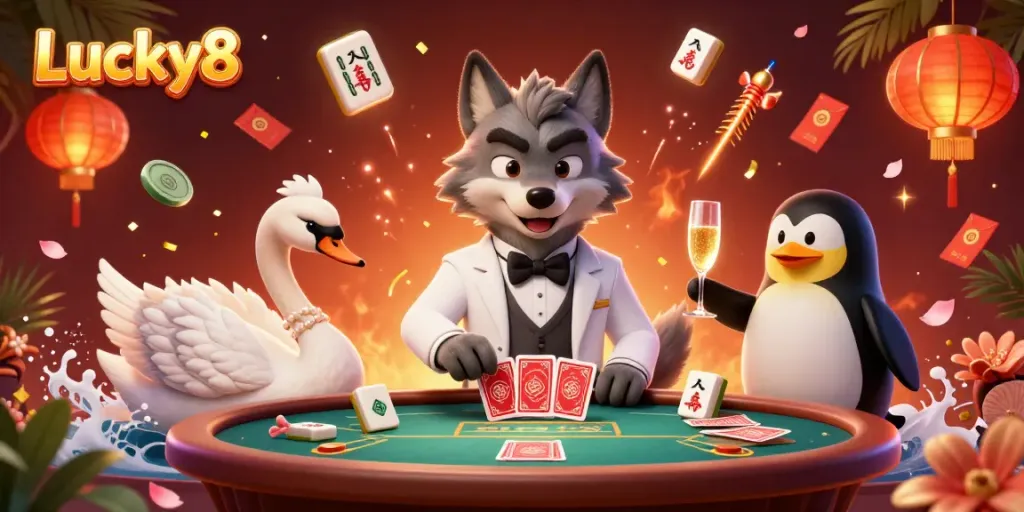 Lucky8 vibrant casino scene with a debonair wolf, swan dealer, and penguin sommelier at a baccarat table.