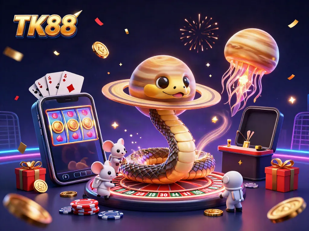 Experience thrilling games at TK88 with a cosmic casino scene featuring colorful slot games and dynamic betting action.
