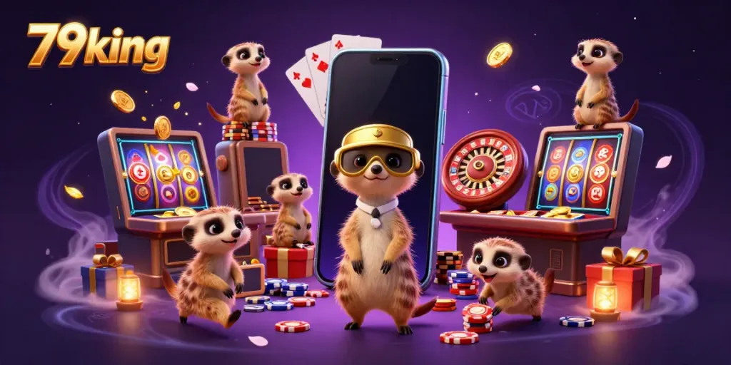 Engage in thrilling gaming action at 79king with a vibrant casino scene featuring meerkats running the excitement.