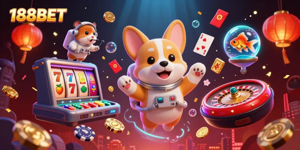 Experience the vibrant gamescape of 188BET with a cartoon astronaut corgi in a cosmic casino.