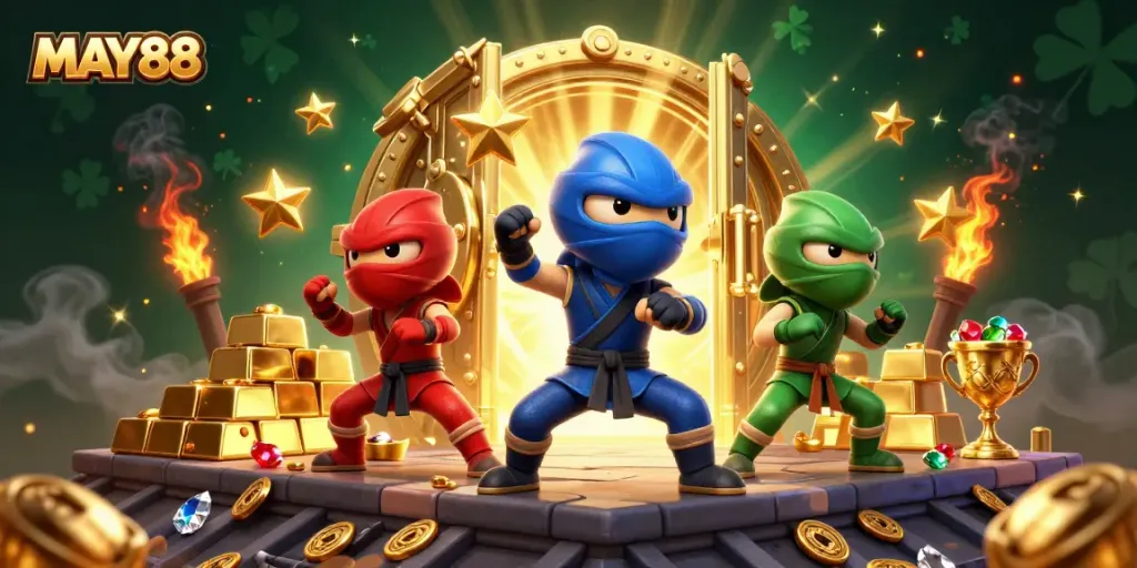 MAY88 delivers exciting casino fun with 3D characters in a vibrant gambling scene of gold treasure.