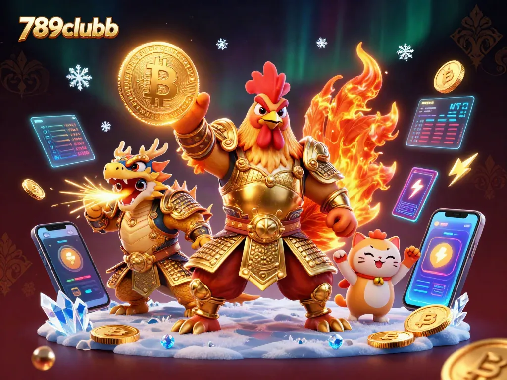 Engage with 789clubb's dynamic gaming scene featuring a golden samurai rooster and dragon hatchling.