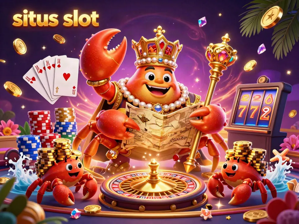 This vibrant casino scene showcases the situs slot theme with a golden crab emperor and hermit crabs surrounded by energetic game elements, embodying the playful spirit of online slots.