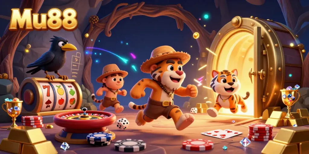 Experience thrilling gaming at Mu88 casino with a vibrant, prehistoric casino scene filled with treasures and action.