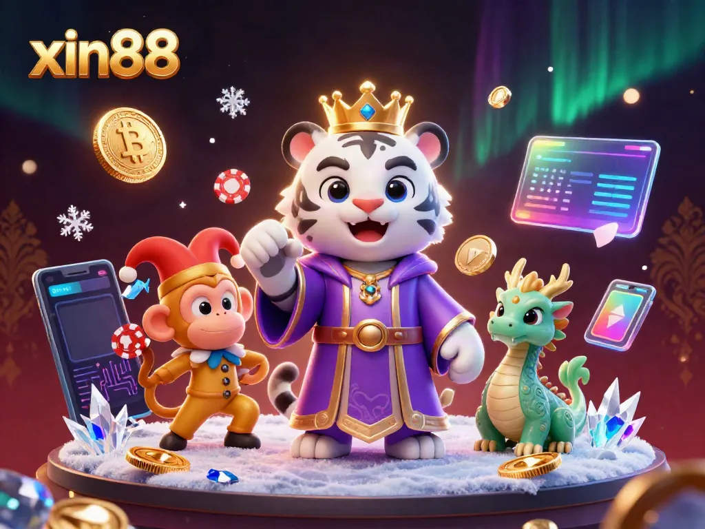Exciting xin88 casino scene featuring a regal tiger and playful monkey amidst vibrant gaming elements.