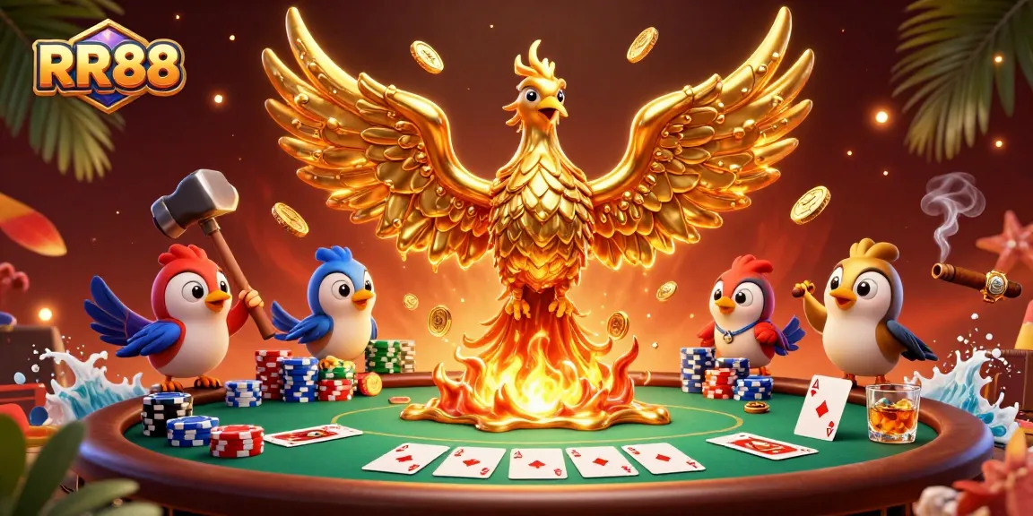 Experience the thrill of RR88 at a vibrant poker scene featuring a molten phoenix and gold coins.