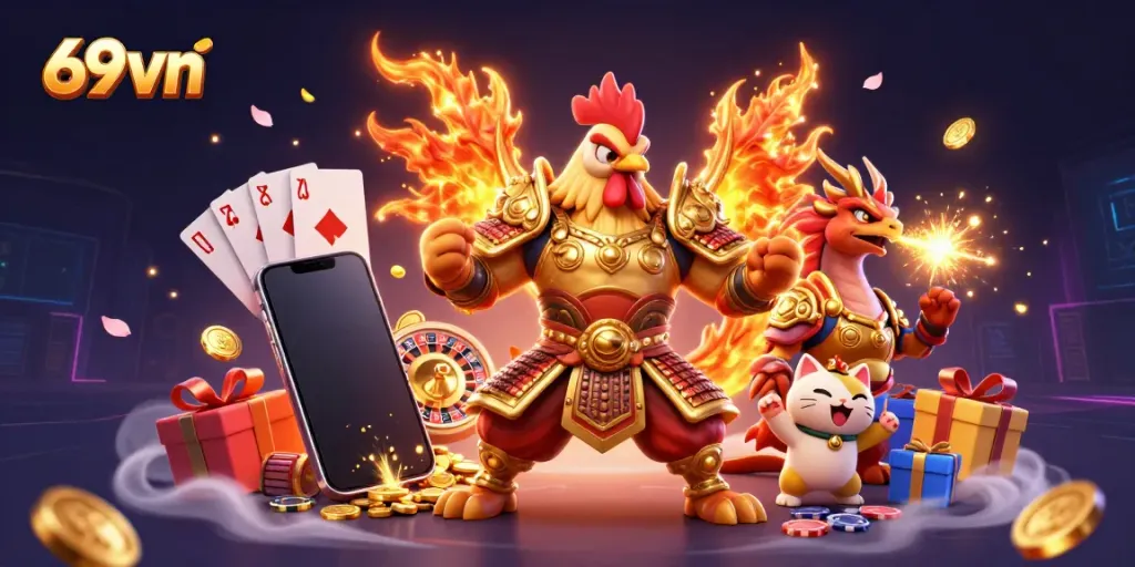 Experience thrilling gaming with 69vn's vibrant slot games and colorful characters in an immersive 3D scene.
