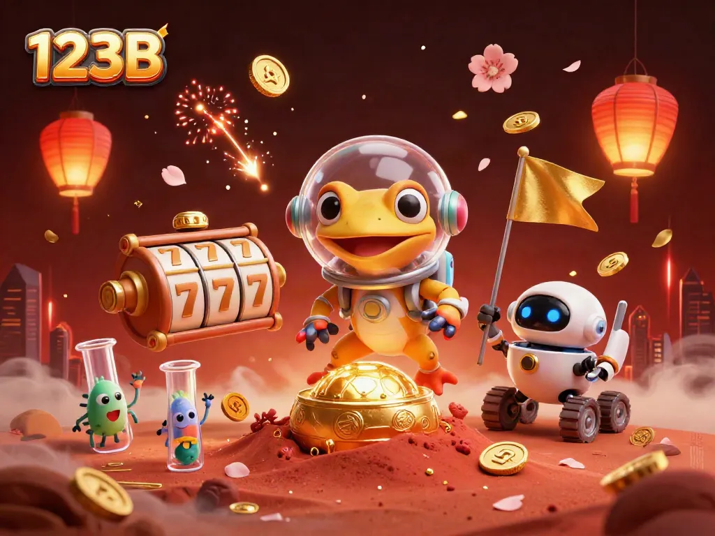 Experience the excitement of 123B with a Martian gecko discovering a golden casino in a vibrant, dynamic scene.
