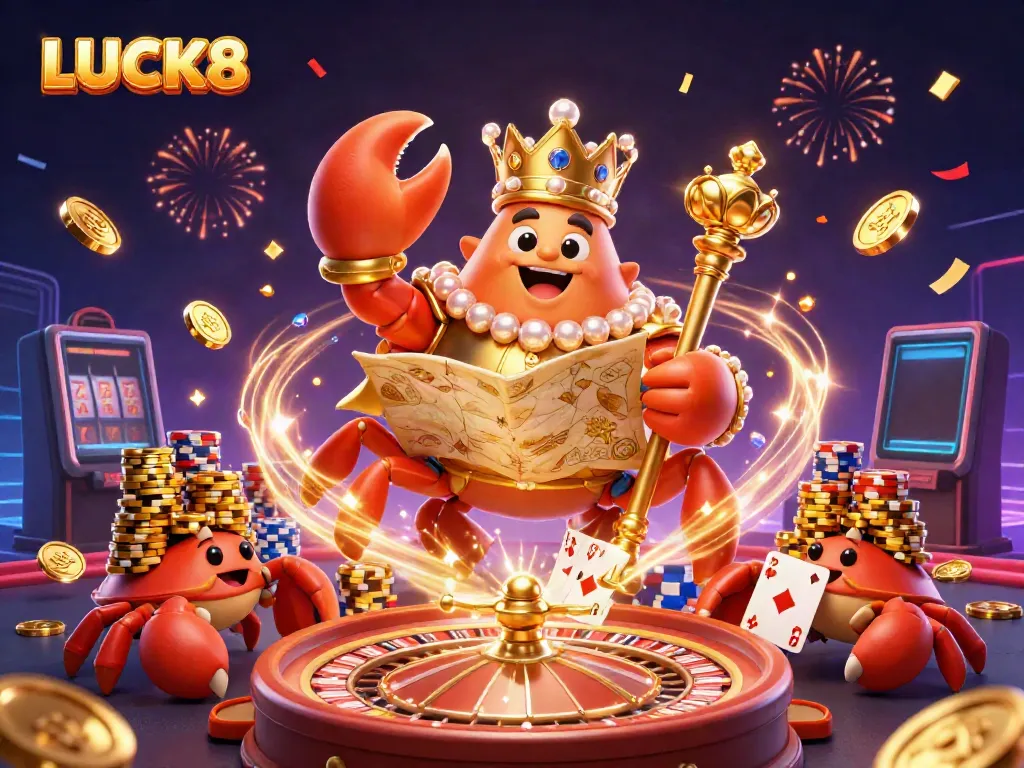 Experience LUCK8's vibrant casino scene with a golden crab emperor in a dynamic 3D illustration.