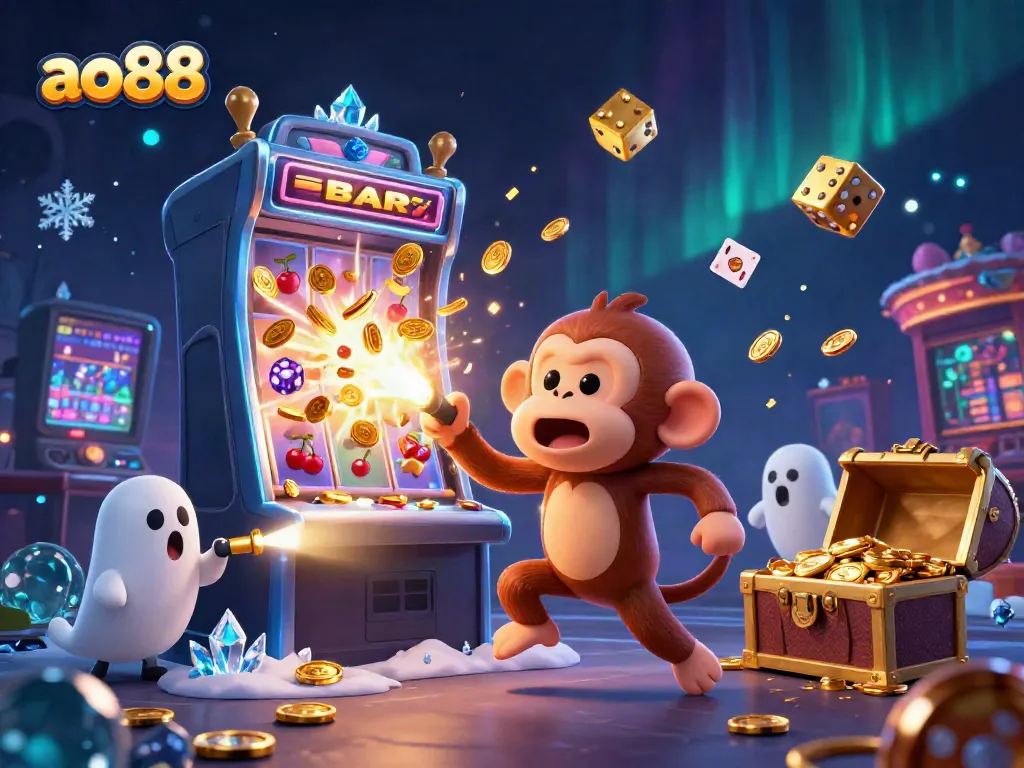 Experience vibrant gaming at ao88 with a mischievous monkey juggling golden treasures amidst a lively haunted casino.