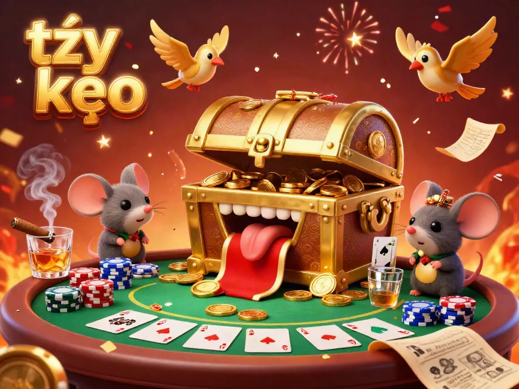 Experience the excitement of tỷ lệ kèo with a vibrant poker scene filled with treasure, chips, and celebration.