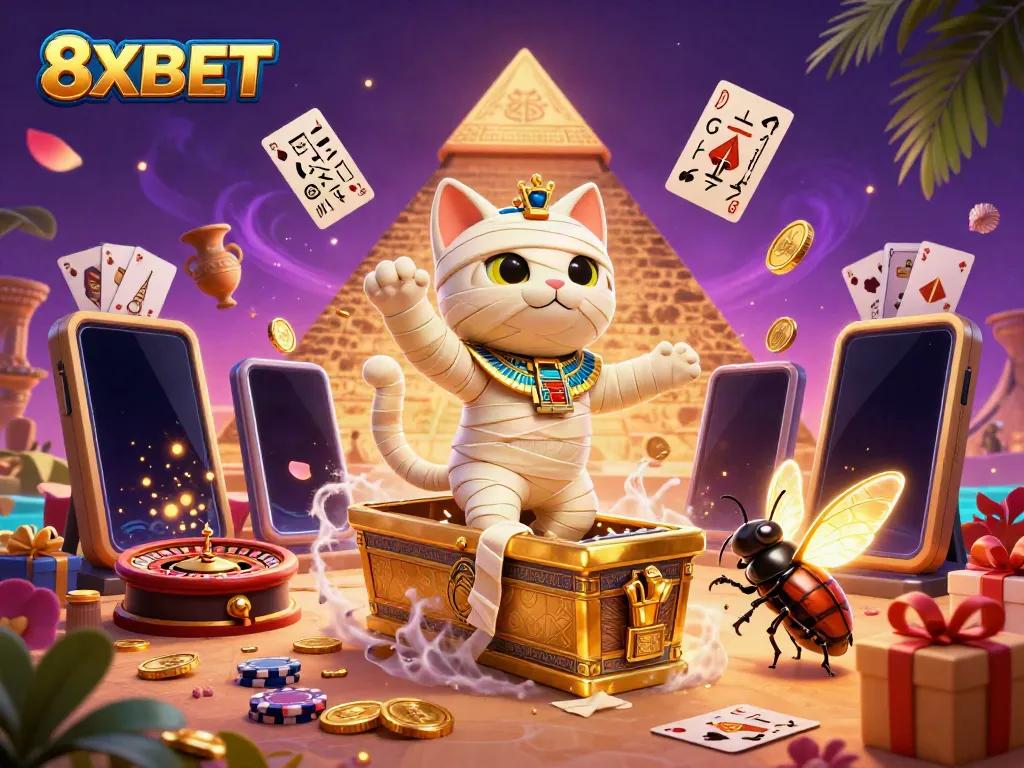 Experience high-energy gaming with 8XBET's mummy cat bursting from a golden sarcophagus amid dynamic casino elements.