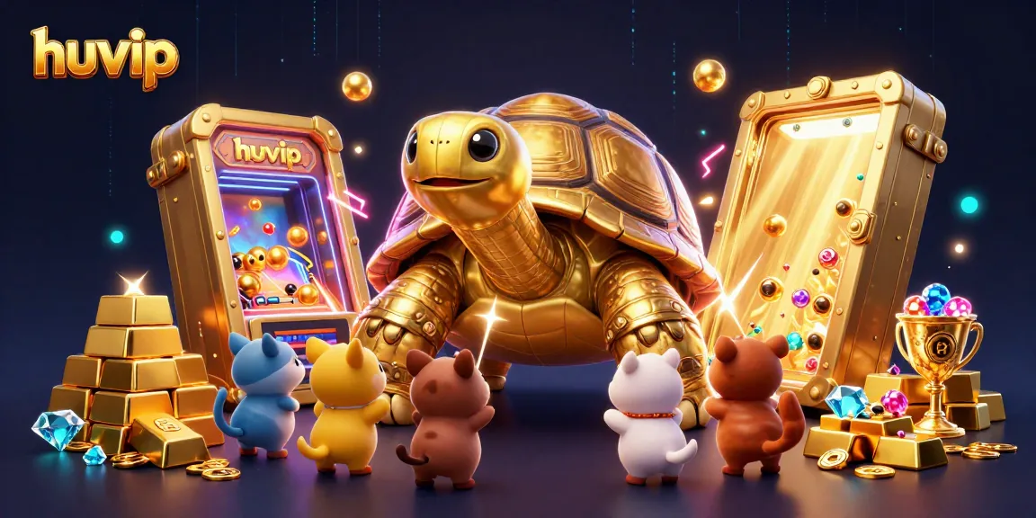 Engage with huvip's thrilling pinball experience featuring a colossal golden tortoise and exciting treasures.