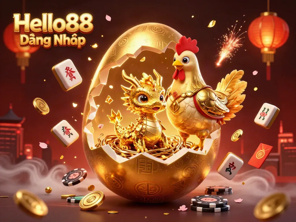 Experience the thrill of Hello88 Đăng Nhập with golden dragon and poker chips amidst festive casino elements.