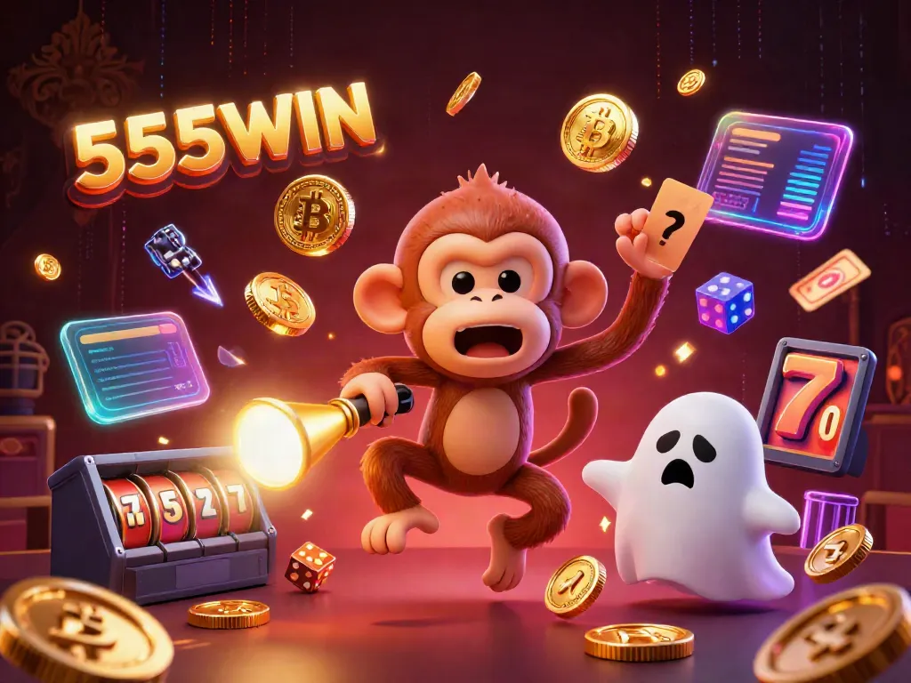 Experience the excitement of 555WIN with a playful monkey juggling casino tokens in a vibrant casino setting.