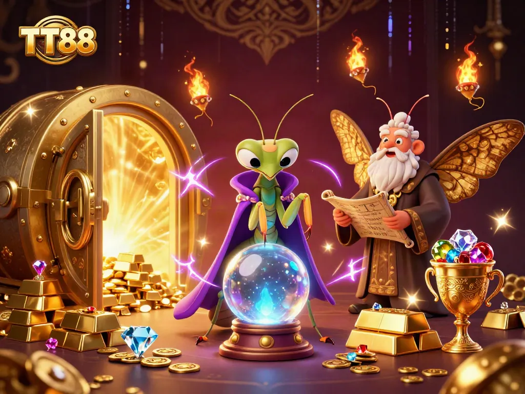TT88 offers vibrant casino magic with cartoon fortune teller and radiant treasures.
