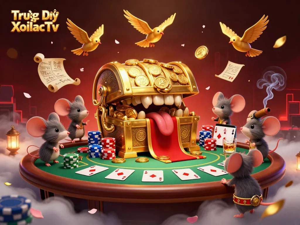Engaging scene of Trực Tiếp XoilacTv showcasing a golden treasure chest and adventurous mice surrounded by rich casino elements.