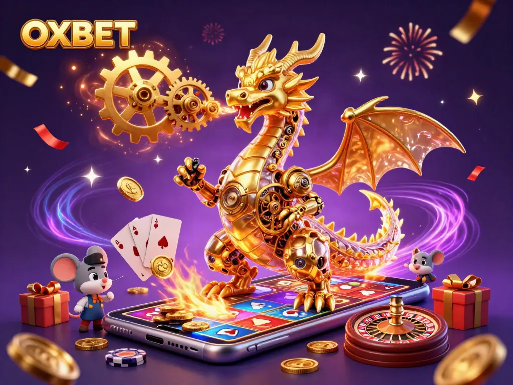 Experience the excitement of OXBET with a vibrant casino-themed illustration featuring a dragon and game elements.