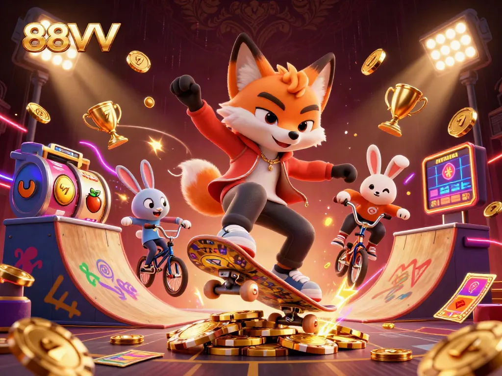 Experience 88VV gameplay with vibrant 3D illustration depicting excitement in casino action.